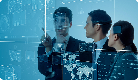 Professional team collaborating on AI analytics and data visualizations